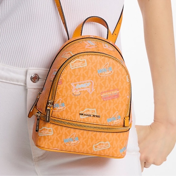 Michael Kors Rhea Extra-Small Printed Signature Logo Backpack Pop Orange Multi - Picture 4 of 9
